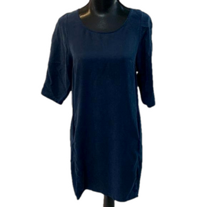 Yerse Navy Blue Lyocell Short Sleeve Knee Length Shift Dress Pockets Women Small